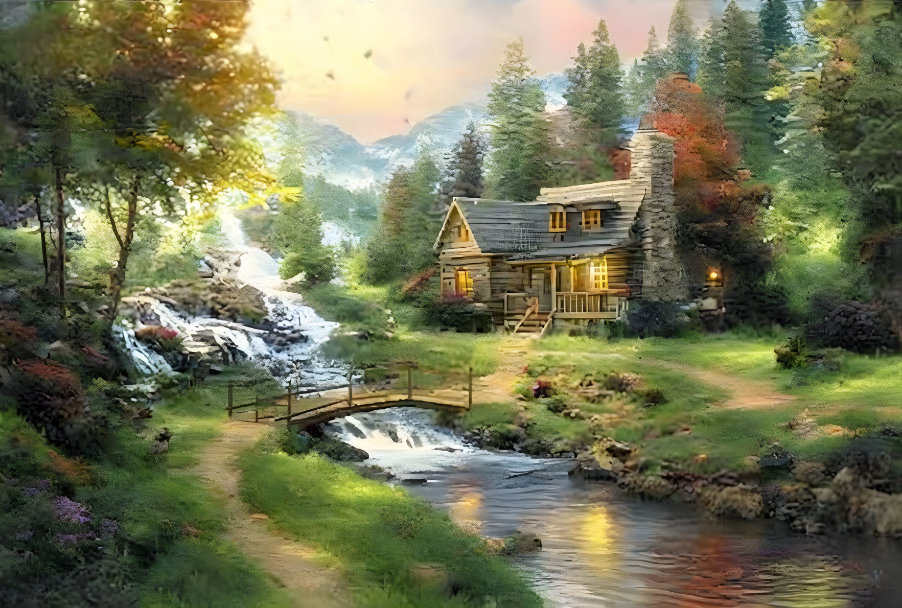 Cozy cottage by stream with bridge, trees, and waterfall in serene forest clearing