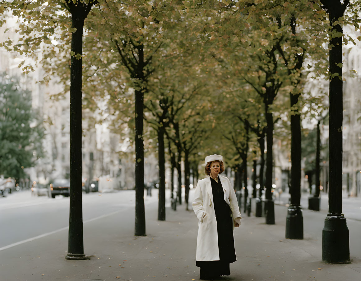 Person in White Coat and Beret on Tree-Lined City Street with Autumn Leaves and Parked Cars