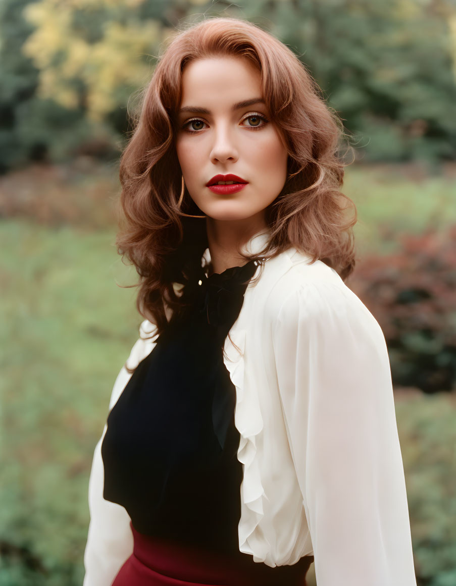 Curly-haired woman in white blouse and dark vest against autumn foliage