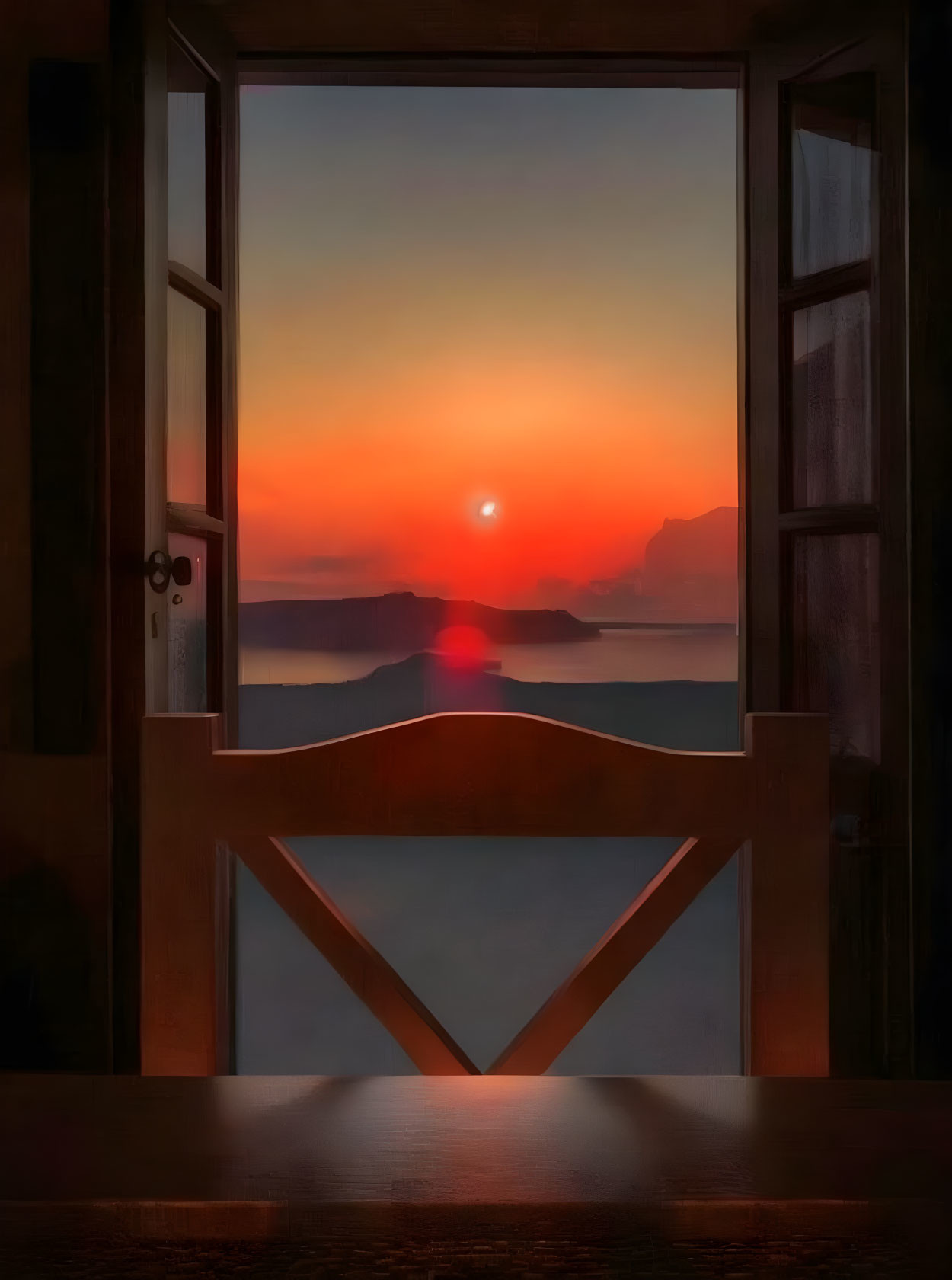 Vibrant sunset colors through open door with mountain silhouette