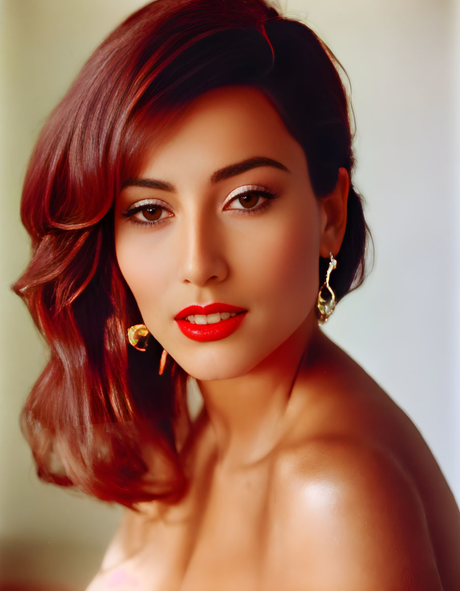 Portrait of woman with dark hair, red lipstick, and hoop earrings.