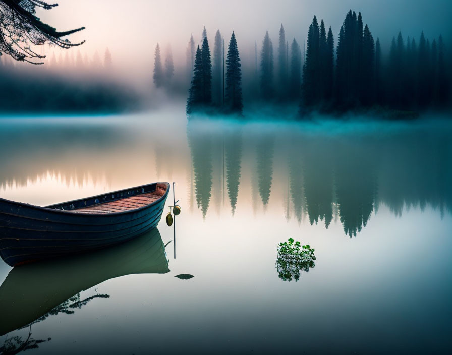 Tranquil lake scene with mist, wooden boat, pine tree reflection at dawn or dusk