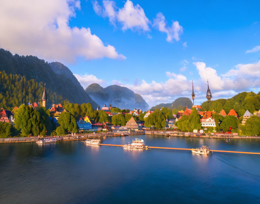 Tranquil river with boats and quaint town surrounded by hills