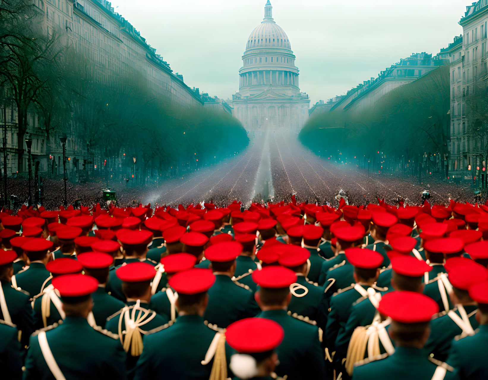 Military procession with red hats and white belts marching towards large domed building