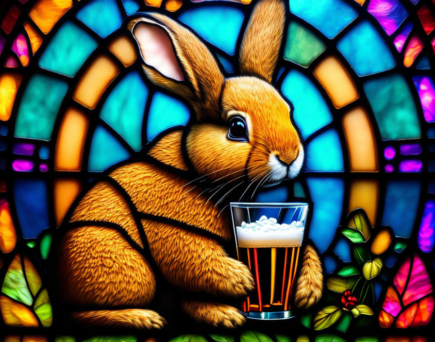 Colorful Stained Glass Style Illustration of a Rabbit with Beer