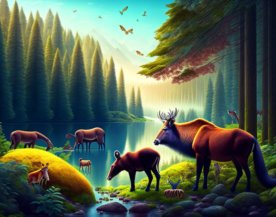 Tranquil forest scene with animals, lake, lush greenery, and magical atmosphere