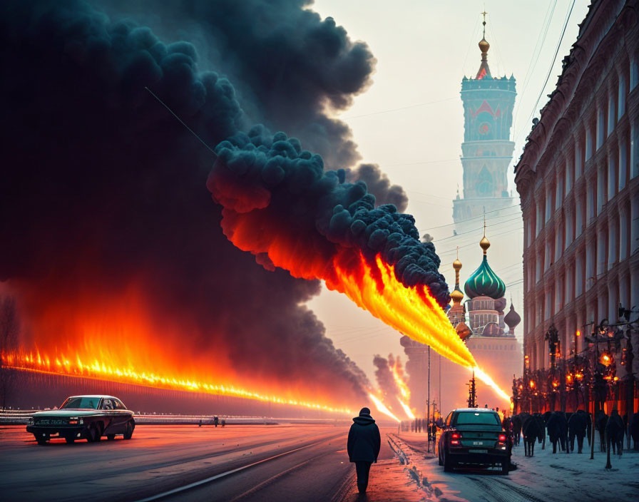 Vintage car with fiery exhaust on snowy boulevard near historic building.