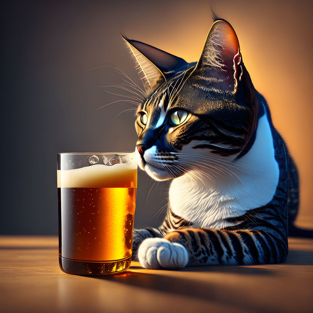 Tabby cat and beer glass digital artwork with soft glow