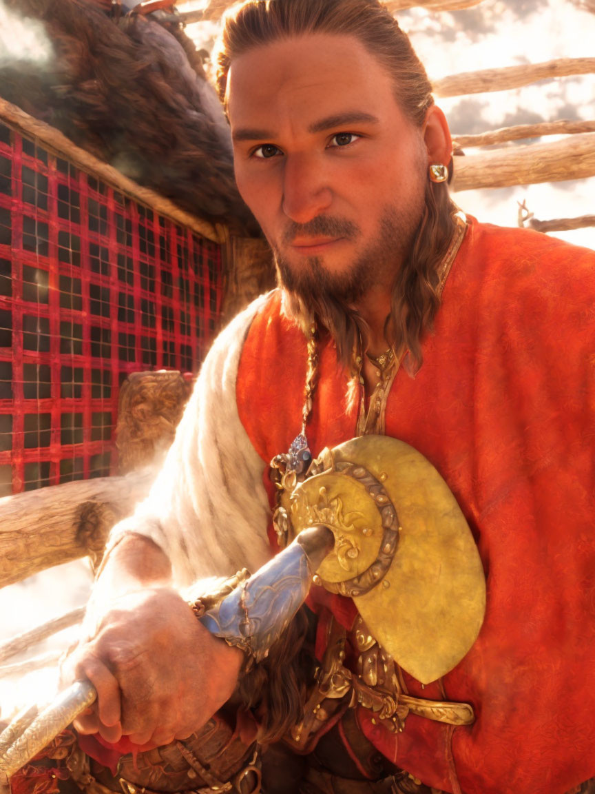 Braided hair man in fur and leather with shield and sword in Viking style