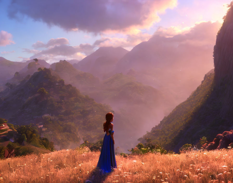 Character in Blue Dress Contemplates Mountain Landscape in Golden Field