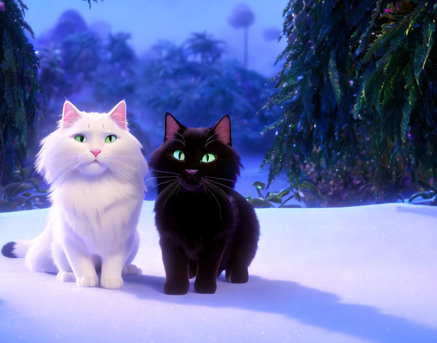 Two animated cats with green eyes in snowy landscape