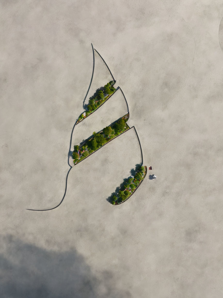 Sailboat-shaped garden with trees, sandy surface, walking path, and small figure