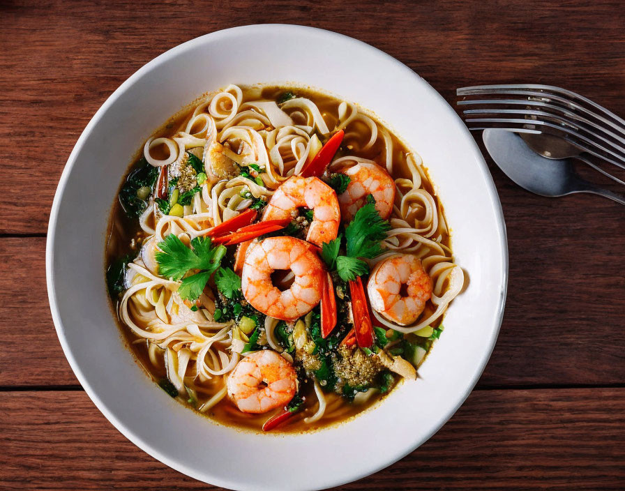 Noodle Soup with Shrimp, Greens, and Chili Peppers on Wooden Table