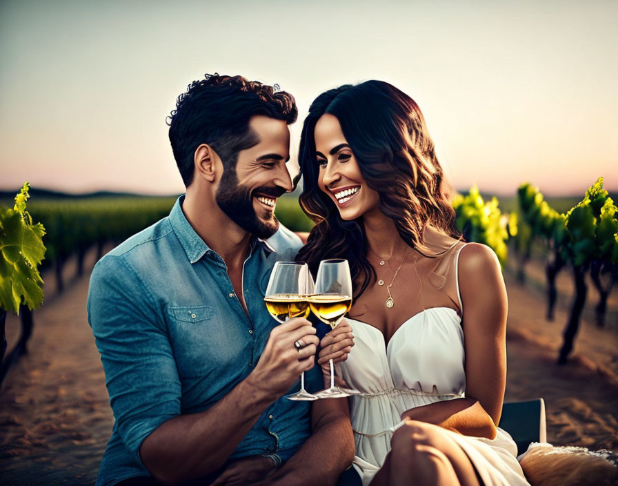 Couple toasting wine glasses in vineyard at sunset