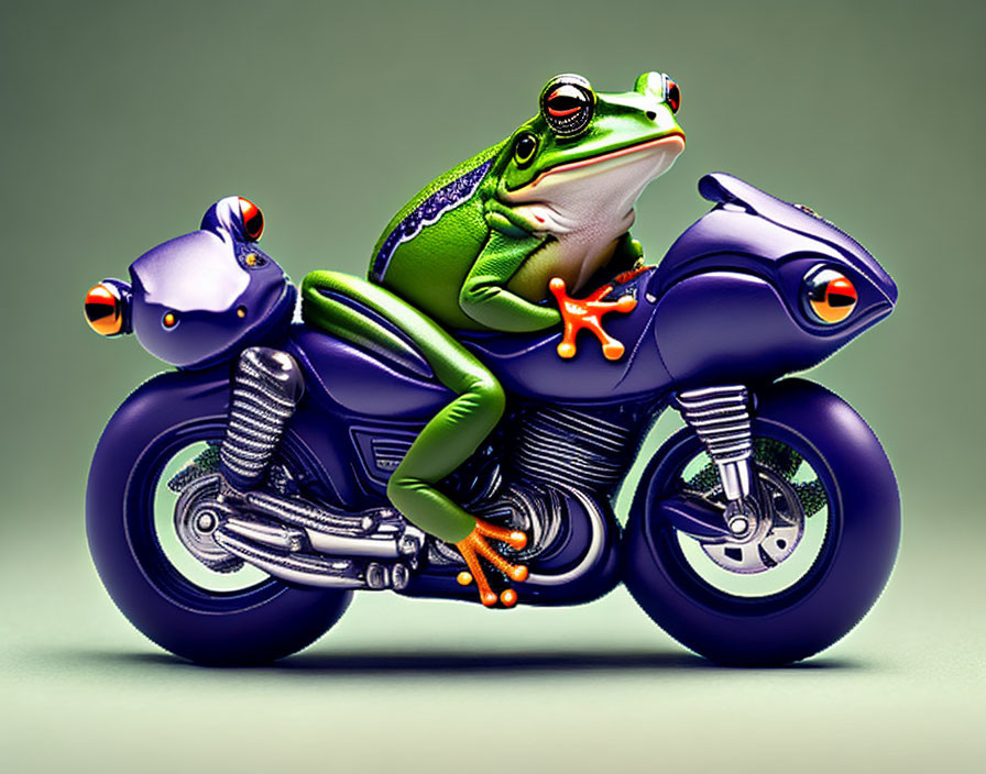 Green frog on orange motorcycle in green background