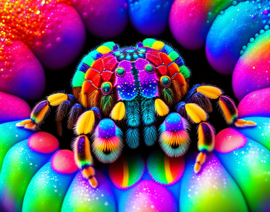 Colorful Jumping Spider in Neon Dew Orbs: Surreal Nature Interpretation