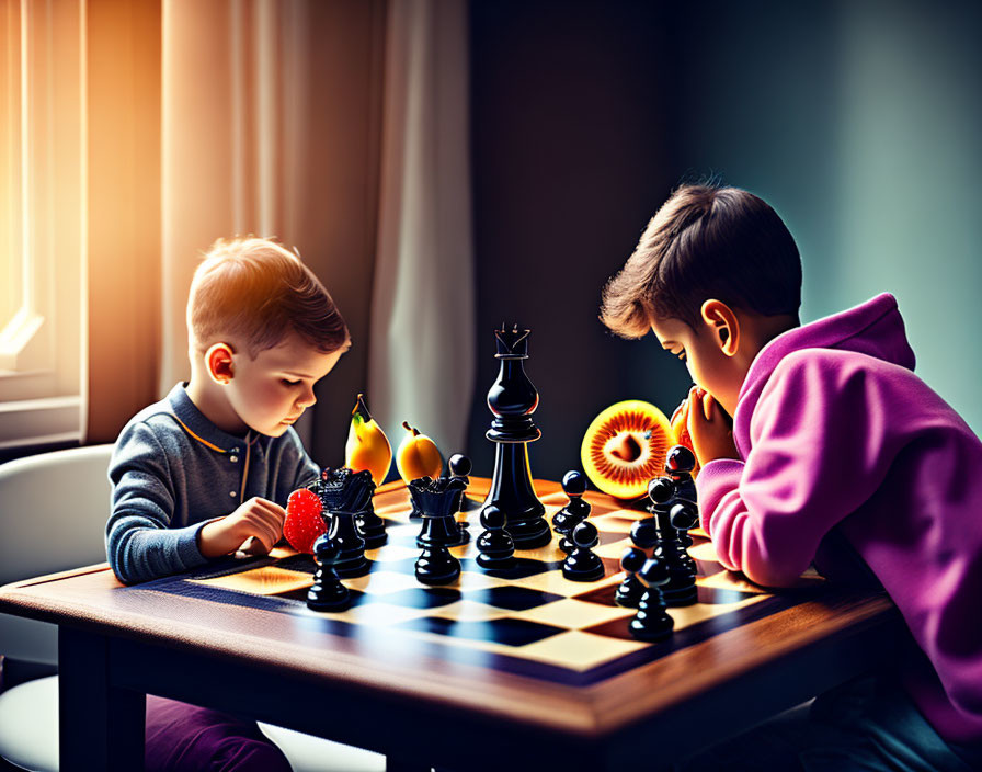 Children playing chess in warm sunlight.