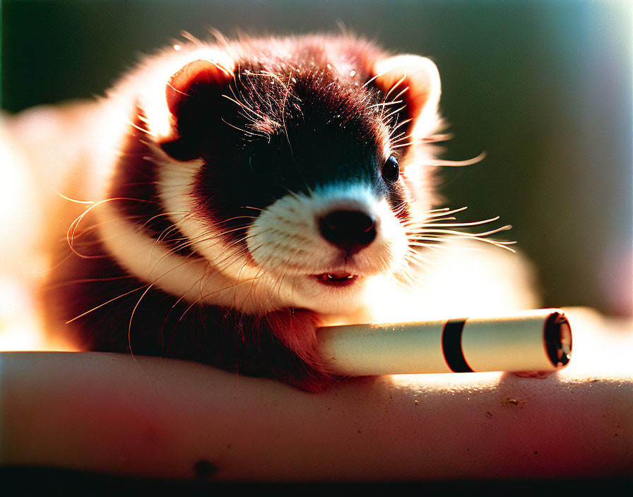 Black-masked ferret biting tube in warm lighting