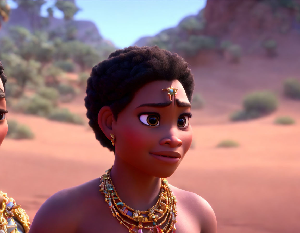 Dark-skinned female character with black hair and gold jewelry in desert landscape