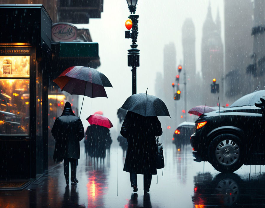 Snowy city street at dusk with people holding umbrellas