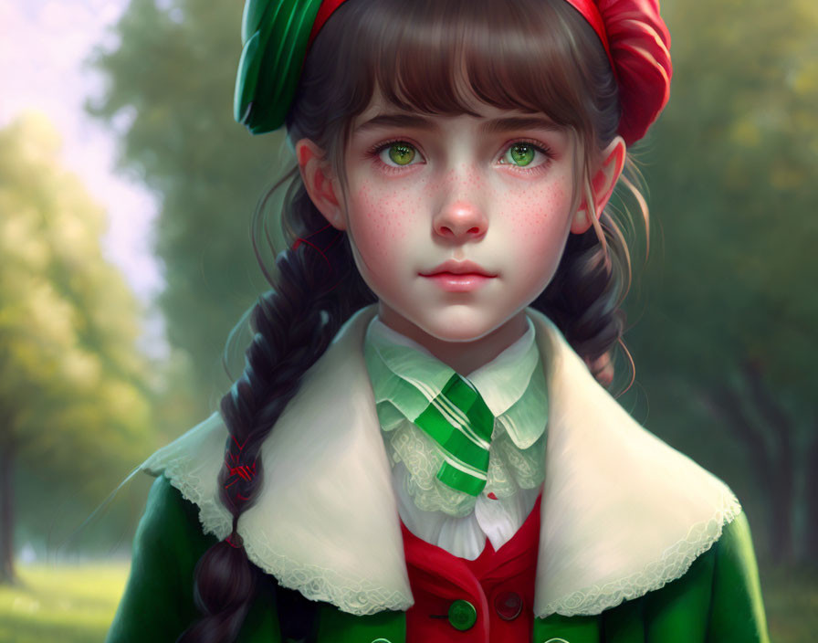 Young girl digital painting with expressive eyes, braided hair, red cap, green jacket.