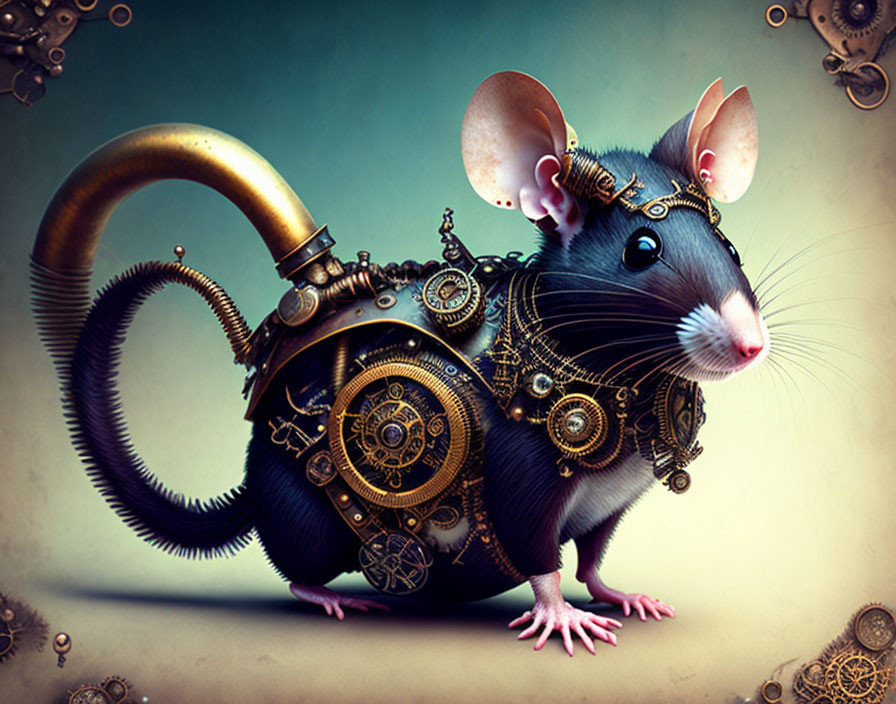 Steampunk-style rat with brass gears and tubes on sepia backdrop