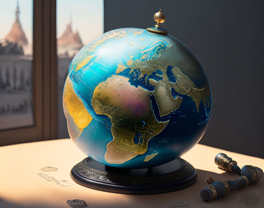 Detailed Topography Decorative Globe on Desk with Chess Pieces - Sunlit Scene