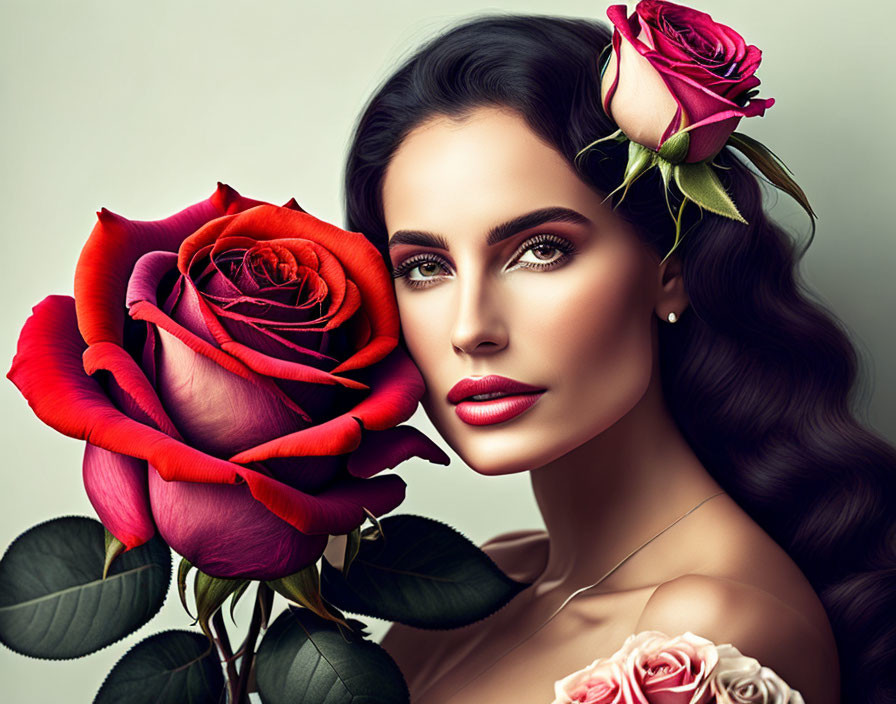 Portrait of a woman with striking makeup holding a red rose, surrounded by smaller roses