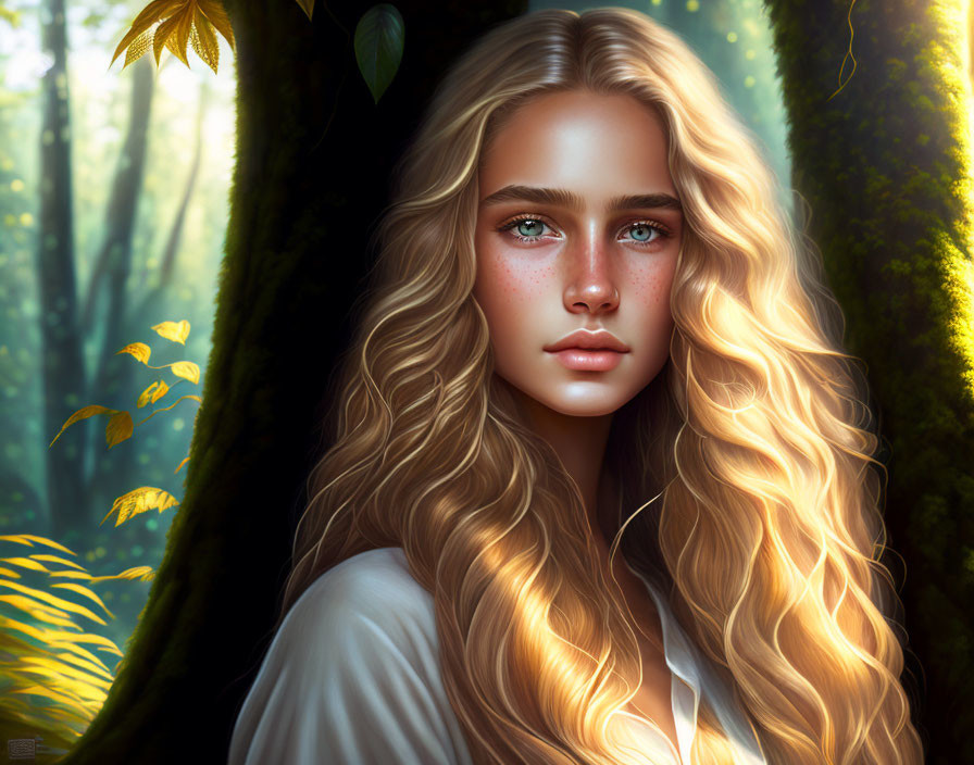 Blonde Woman Portrait in Sunlit Forest