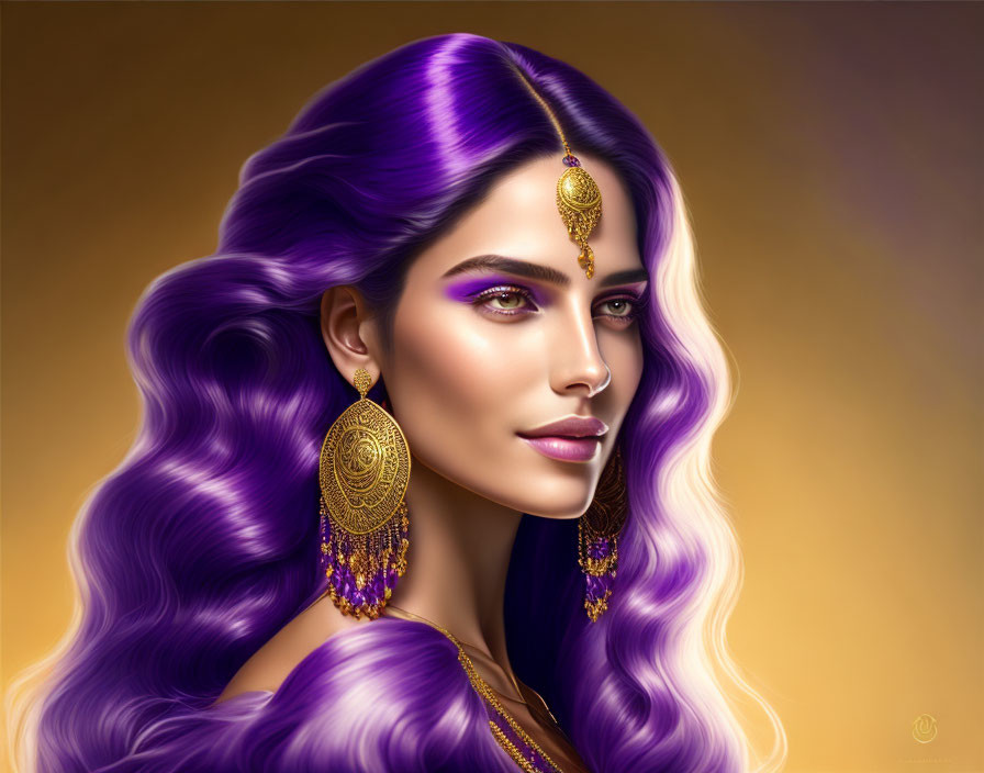 Vibrant purple hair woman with green eyes and gold jewelry