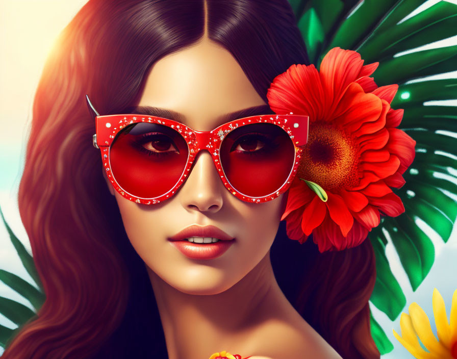 Digital Artwork: Woman with Red Sunglasses, Flower in Hair, Tropical Leaves