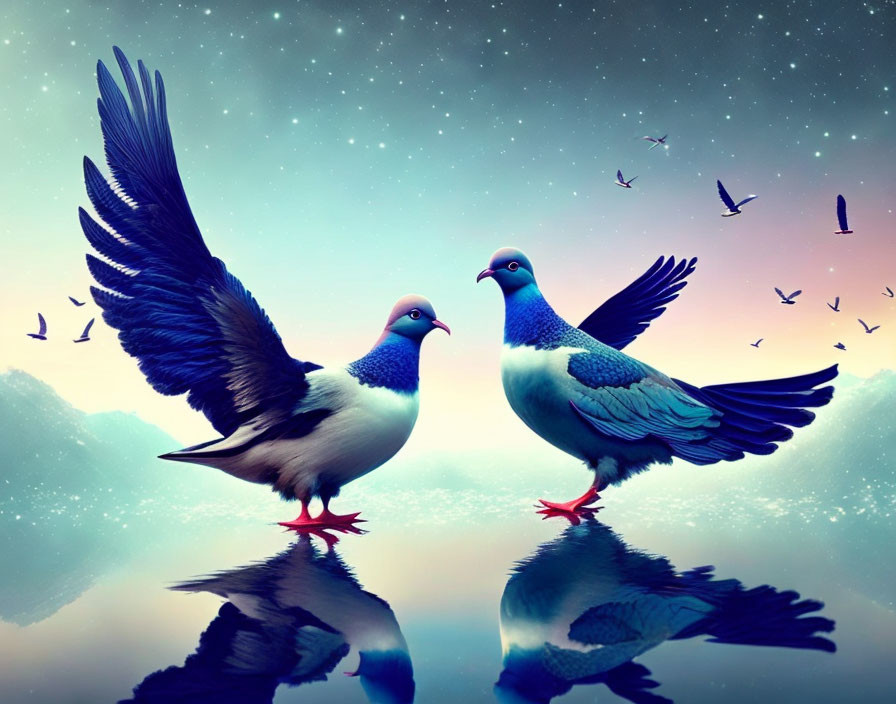 Pigeons with spread wings on reflective surface under twilight sky