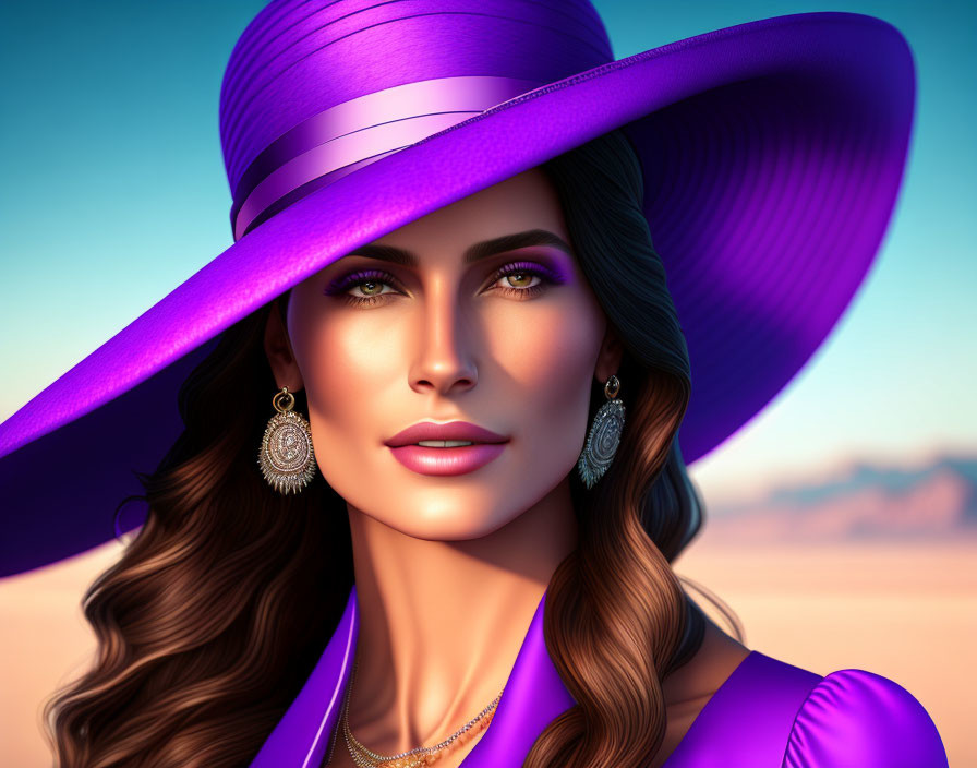 Woman with Long Brown Hair in Purple Hat and Dress in Desert Portrait