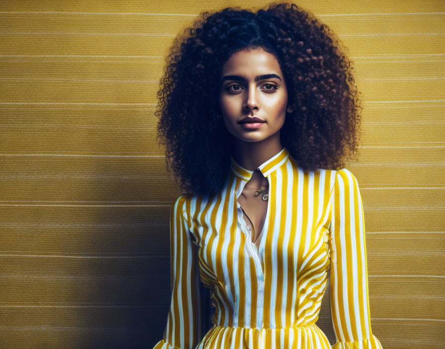 Curly-haired woman in yellow-striped dress against textured yellow backdrop