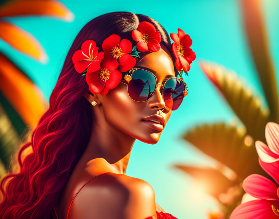 Red-haired woman in flower crown and sunglasses against vibrant tropical backdrop