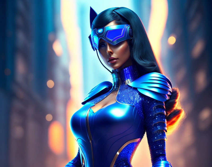 Futuristic female character in blue armor with helmet and visor against cityscape.