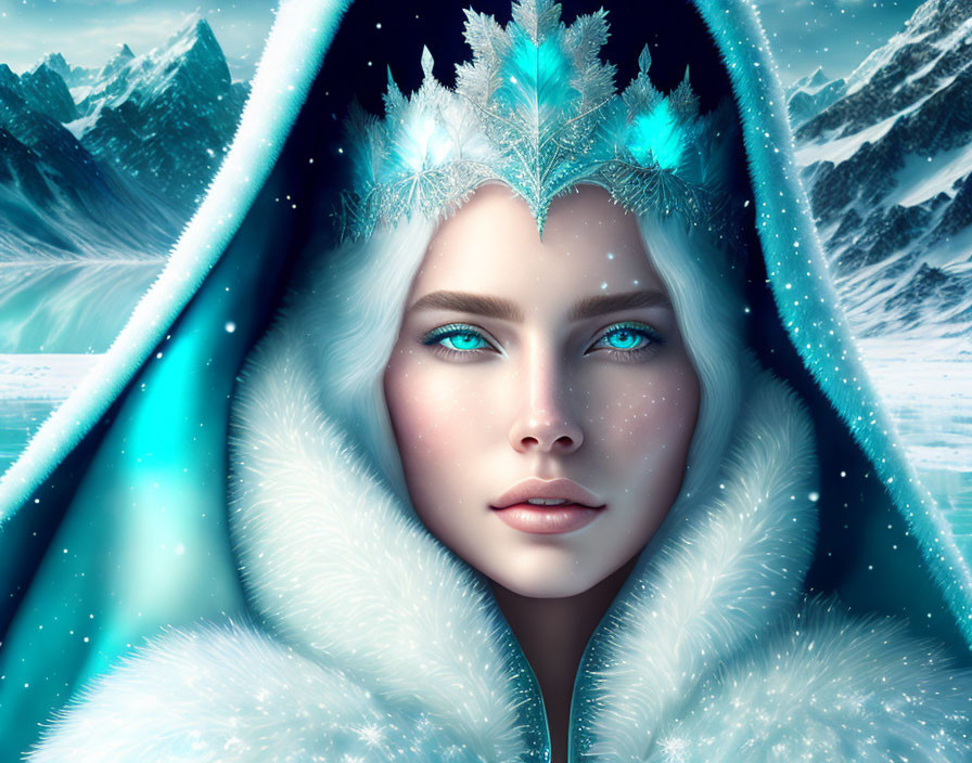 Digital illustration of woman with blue eyes, ice crystal crown, fur cloak, snowy mountain.