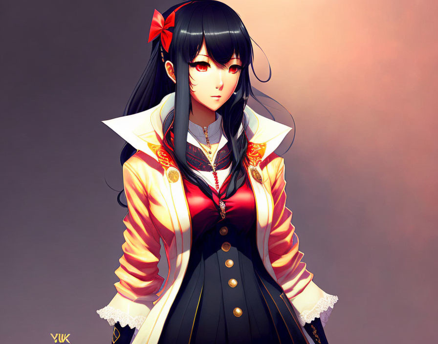 Anime character with long black hair, red bow, yellow and black jacket