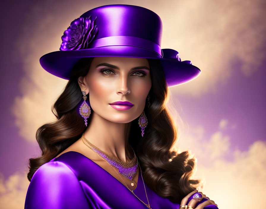 Woman in Purple Hat and Dress with Elegant Jewelry on Golden Background