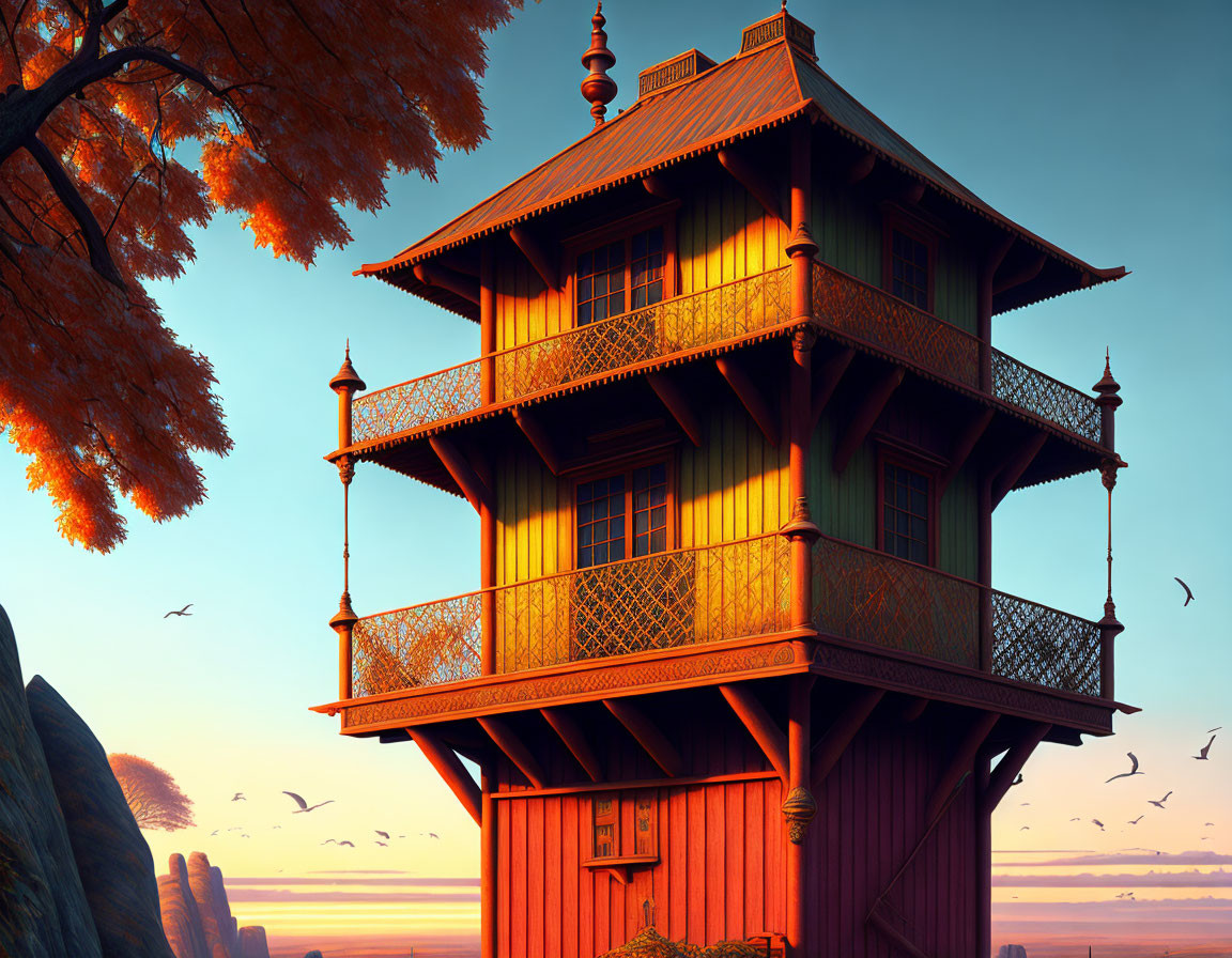 Cliffside Wooden House Sunset Scene with Birds and Autumn Leaves