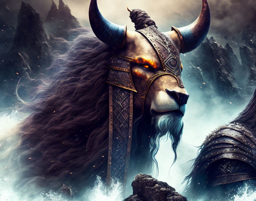 Mystical bull in glowing armor against stormy mountain backdrop