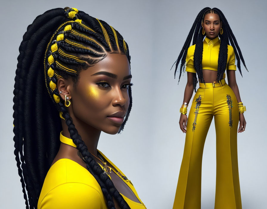 Woman with intricate braided hair and golden highlights in stylish yellow outfit against grey background