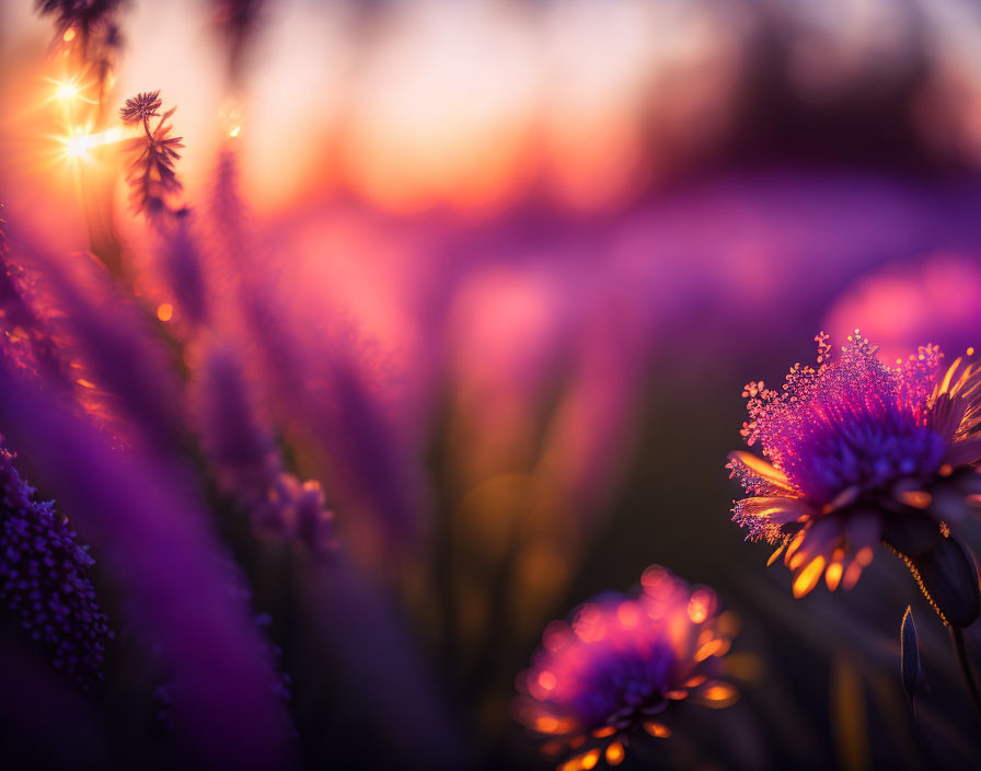 Sunlit Purple Flowers and Lush Foliage at Sunset