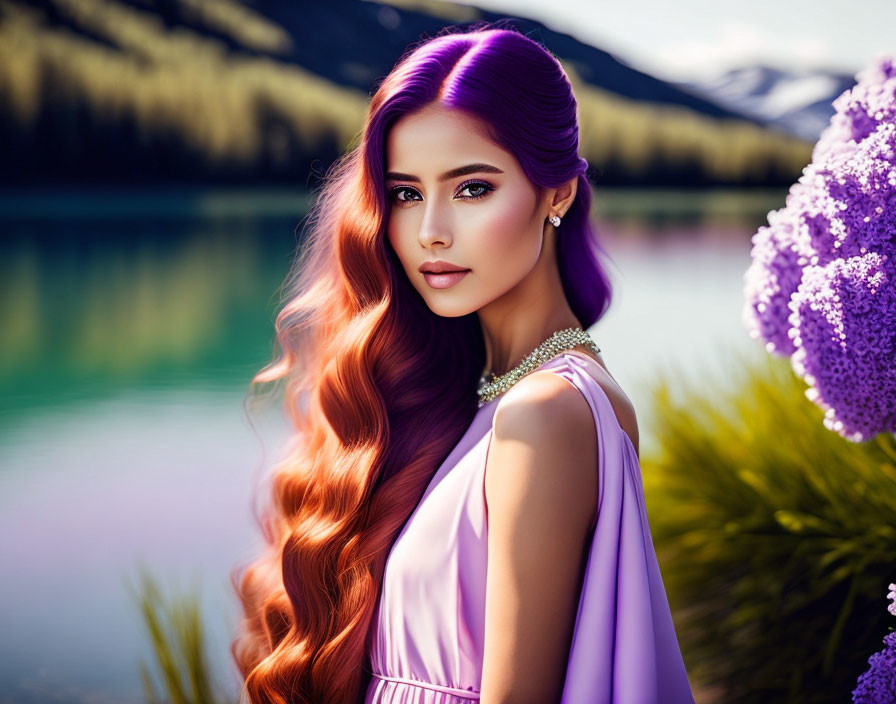 Woman with Vibrant Purple Hair by Serene Lake in Lilac Dress