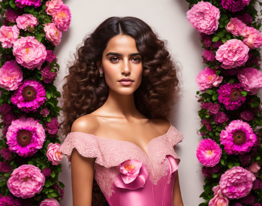 Curly-Haired Woman in Pink Gown Surrounded by Pink and Purple Flowers