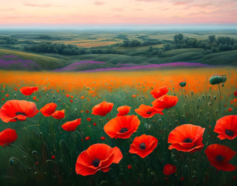 Lush red poppy field with rolling hills and colorful sky