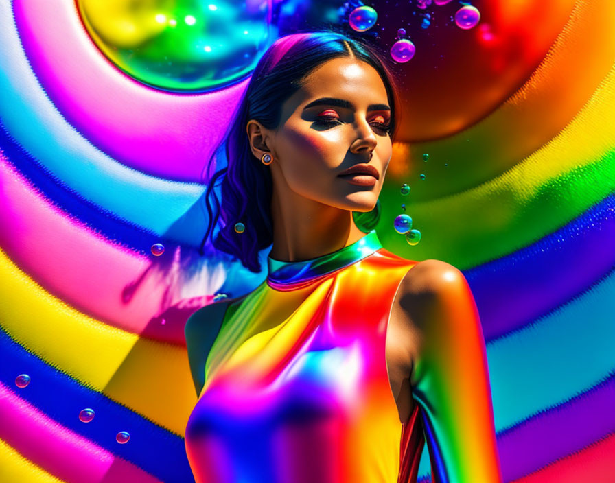 Colorful Woman with Vibrant Makeup in Rainbow Setting