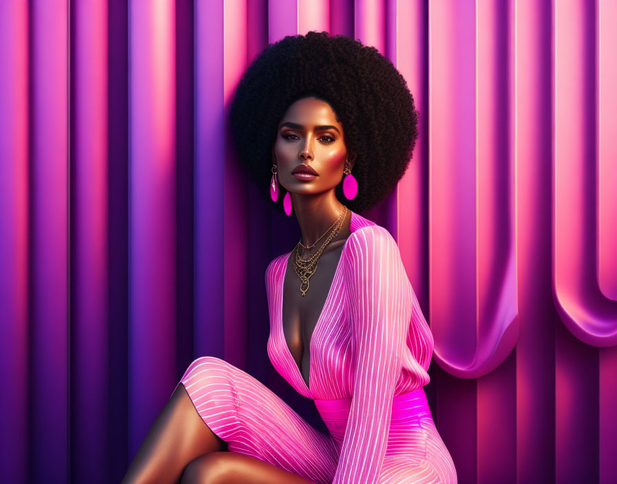 Woman with Large Afro in Pink Outfit & Golden Accessories on Purple Background