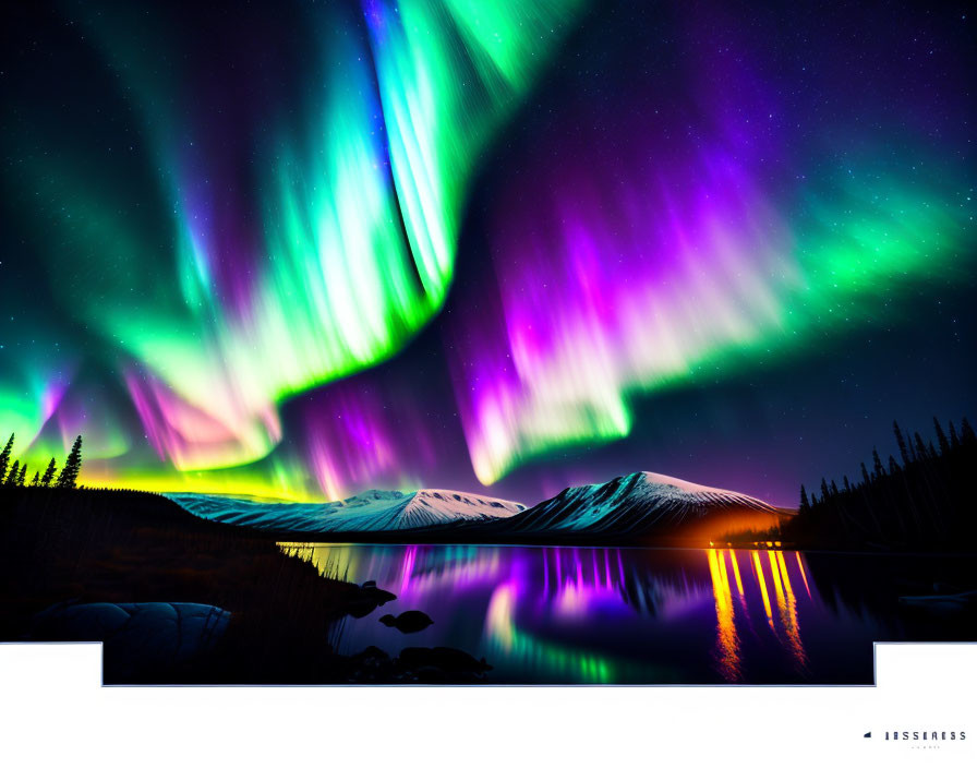 Aurora Borealis Over Snowy Mountains and Serene Lake