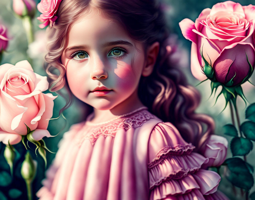 Young girl with expressive eyes in pink rose garden wearing matching ruffled dress